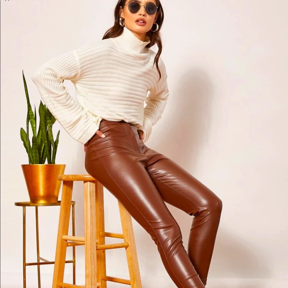 BROWN SOLID PU LEATHER HIGH WAIST SKINNY PANTS